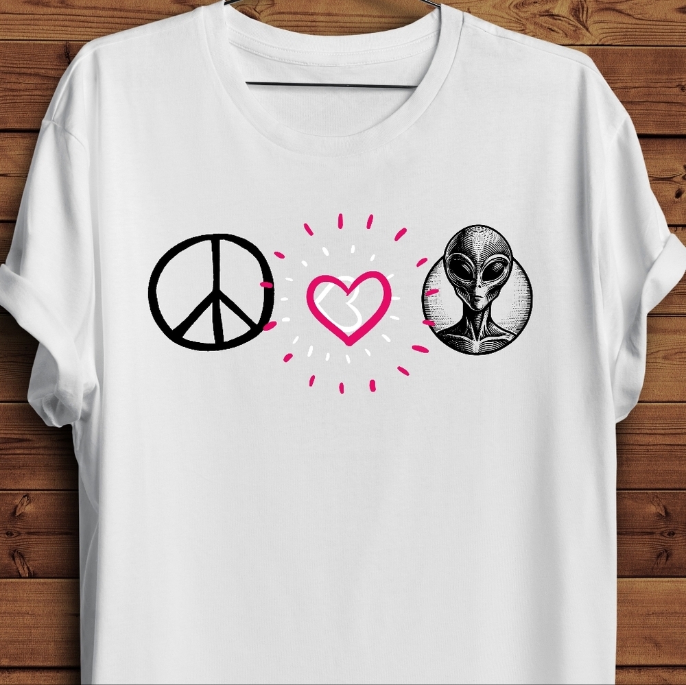 Vinyl Graphic Tee with Peace, Love, Alien Design